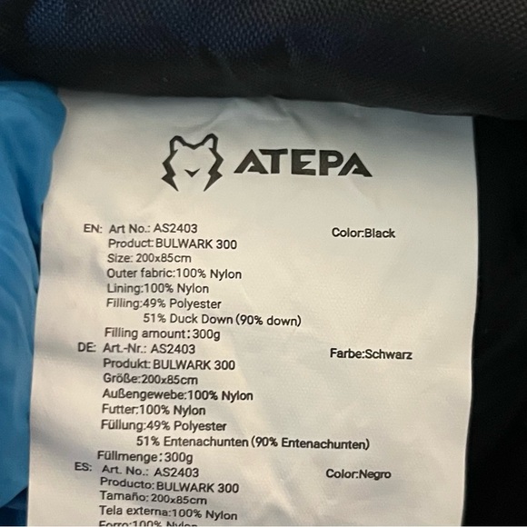 Atepa Bulwark 300 Down Sleeping Bag Color Black/Blue NWT - Picture 3 of 5